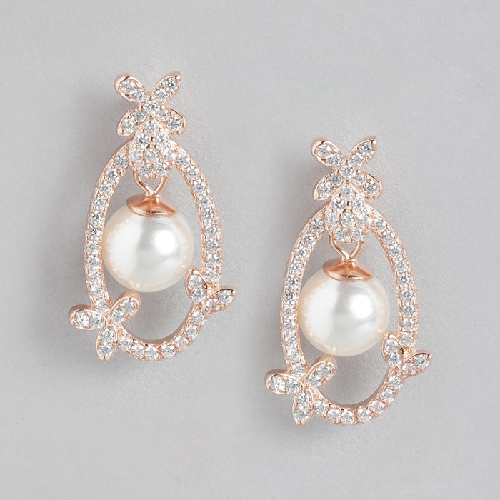 Blooming CZ & Pearl 925 Sterling Silver Rose Gold-Plated Earrings