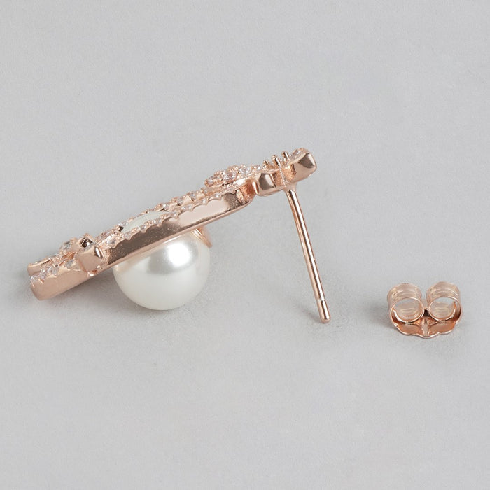 Blooming CZ & Pearl 925 Sterling Silver Rose Gold-Plated Earrings