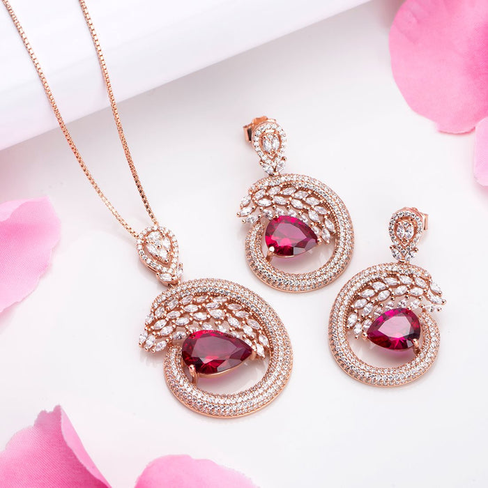 Blooming Elegance Red-CZ 925 Sterling Silver Rose Gold-Plated Jewelry Set