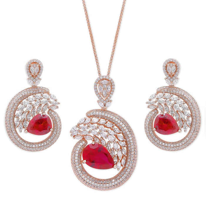 Blooming Elegance Red-CZ 925 Sterling Silver Rose Gold-Plated Jewelry Set