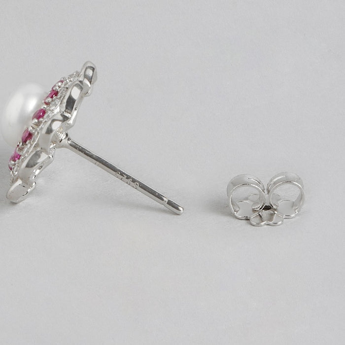 Blooming Pearl Harmony Rhodium-Plated 925 Sterling Silver Stud Earrings