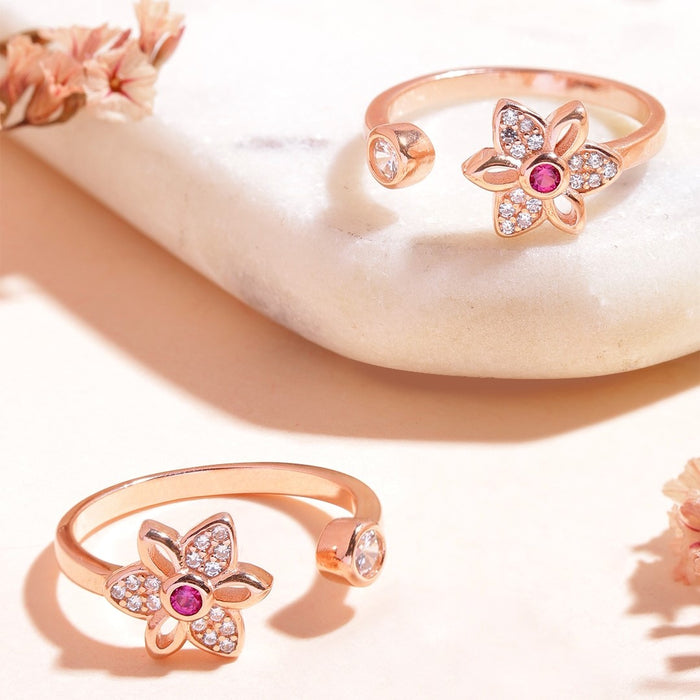 Two rose gold floral 925 Sterling Silver open toe rings for women with cubic zirconia – Zavya