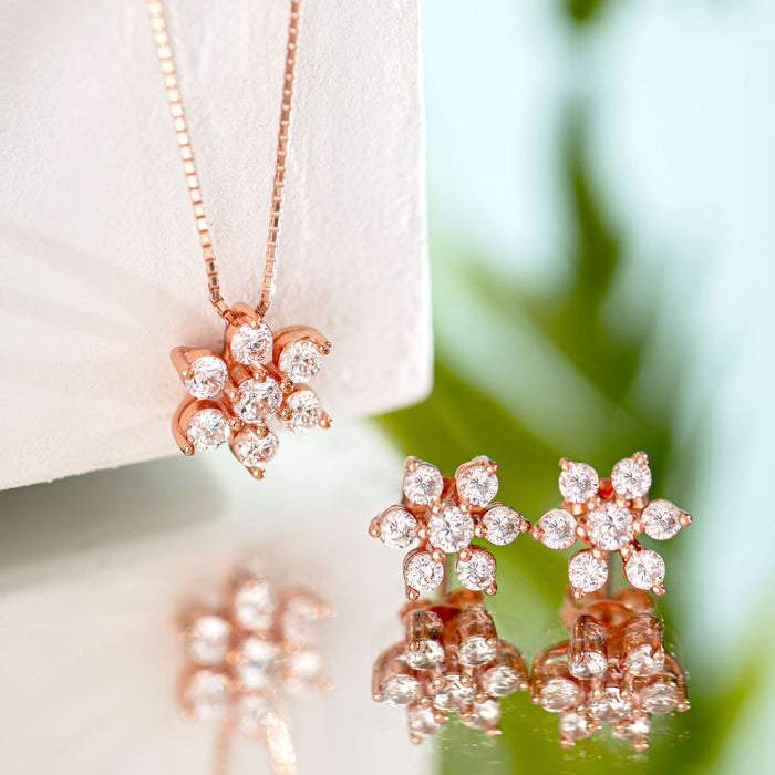 Blooms in Harmony - Rose Gold & Silver Floral Necklace Earring Set