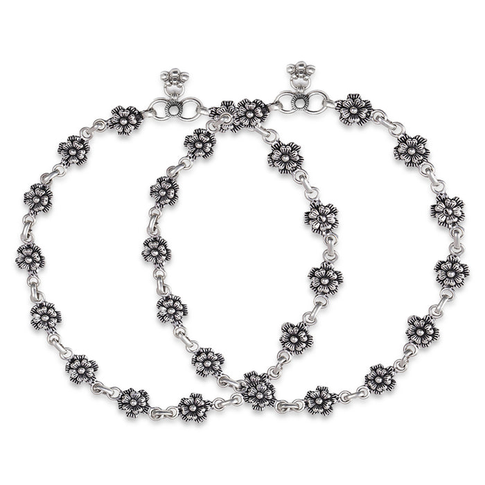 Pair of floral 925 Sterling Silver anklets for women. Rhodium-plated blossom chain jewellery – Zavya