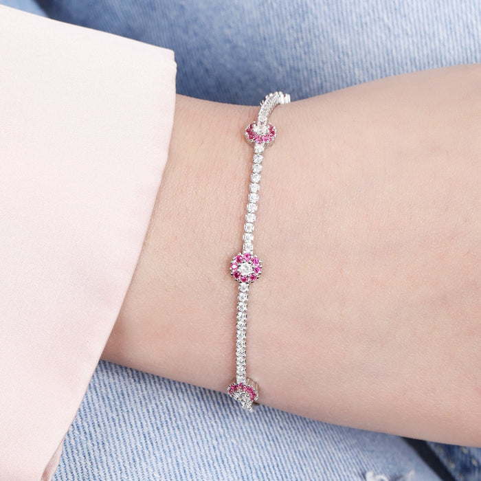 Blossom Brilliance CZ Rhodium-Plated Flower Pattern Bracelet