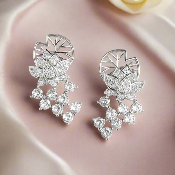 Blossom Brilliance Floral-CZ Rhodium-Plated 925 Sterling Silver Earrings