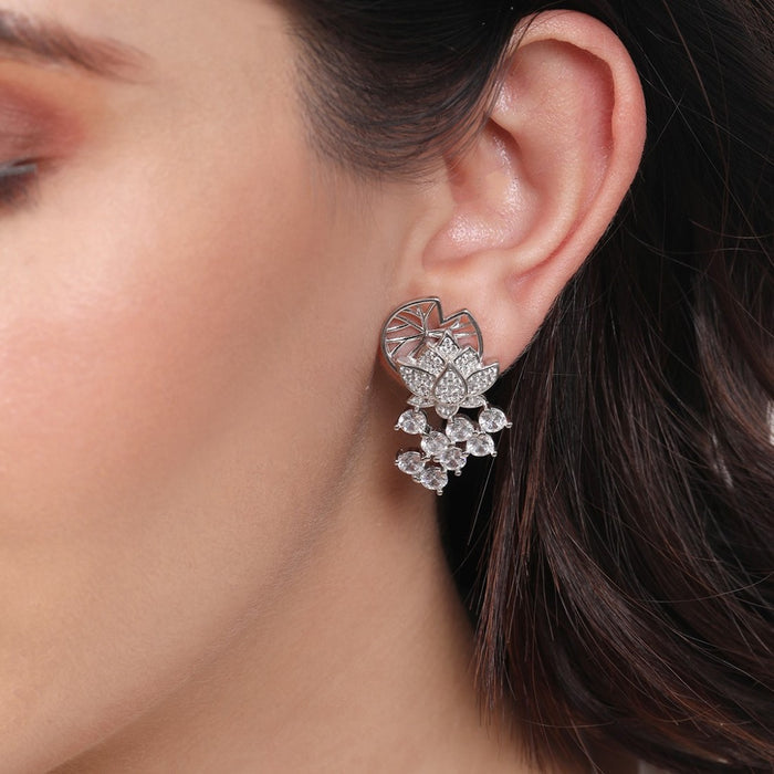 Blossom Brilliance Floral-CZ Rhodium-Plated 925 Sterling Silver Earrings