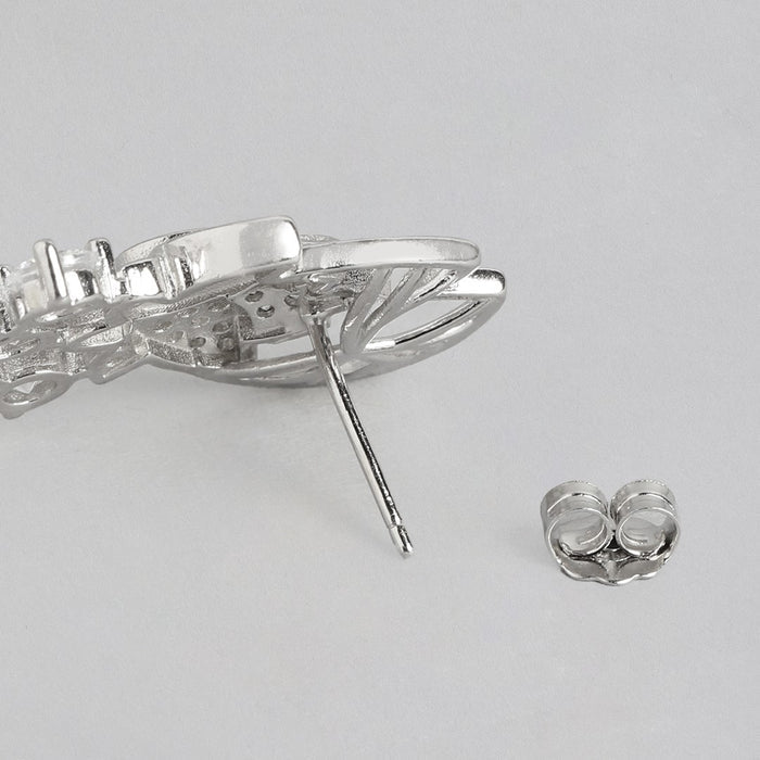 Blossom Brilliance Floral-CZ Rhodium-Plated 925 Sterling Silver Earrings