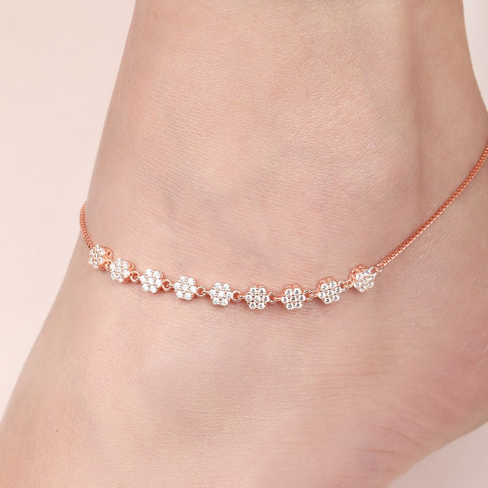 Blossom Brilliance Floral CZ Rose Gold Plated 925 Sterling Silver Anklet