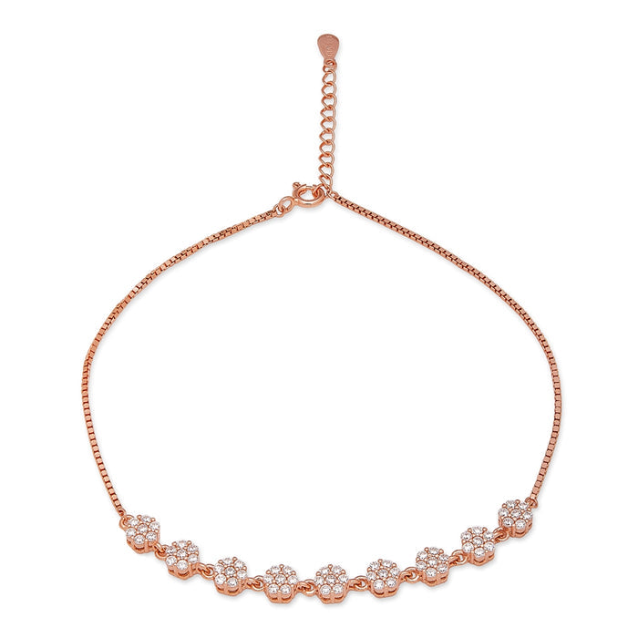 Blossom Brilliance Floral CZ Rose Gold Plated 925 Sterling Silver Anklet
