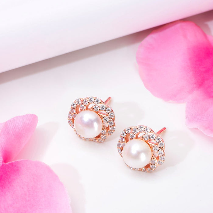 Blossom Pearl-CZ Harmony 925 Sterling Silver Rose Gold-Plated Earring