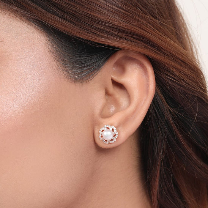 Blossom Pearl-CZ Harmony 925 Sterling Silver Rose Gold-Plated Earring