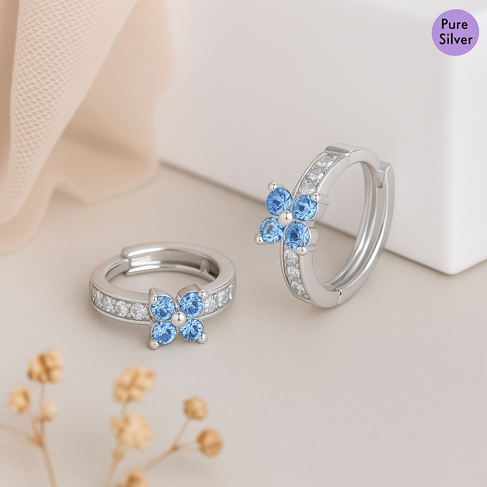 Blue Bloom Pavé Hug Rhodium-Plated 925 Silver Huggie Earrings