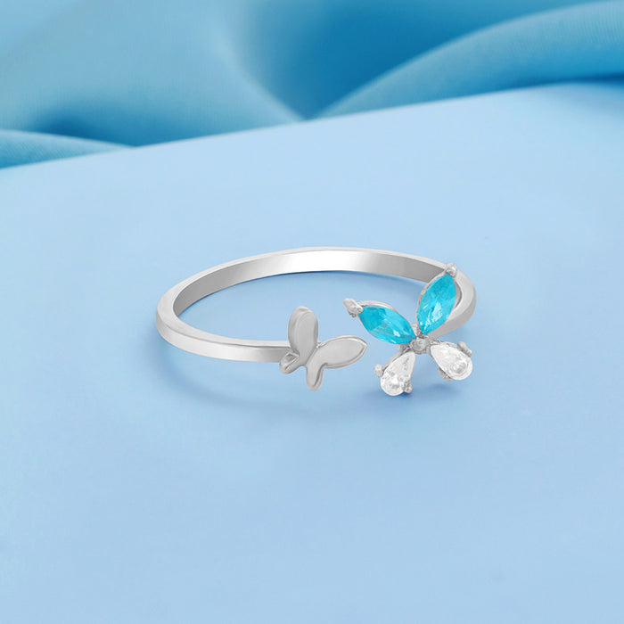 Blue Butterfly CZ Rhodium Plated 925 Silver Womens Ring (Adjustable)