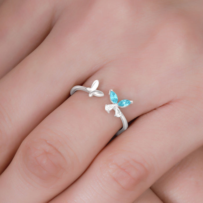 Blue Butterfly CZ Rhodium Plated 925 Silver Womens Ring (Adjustable)