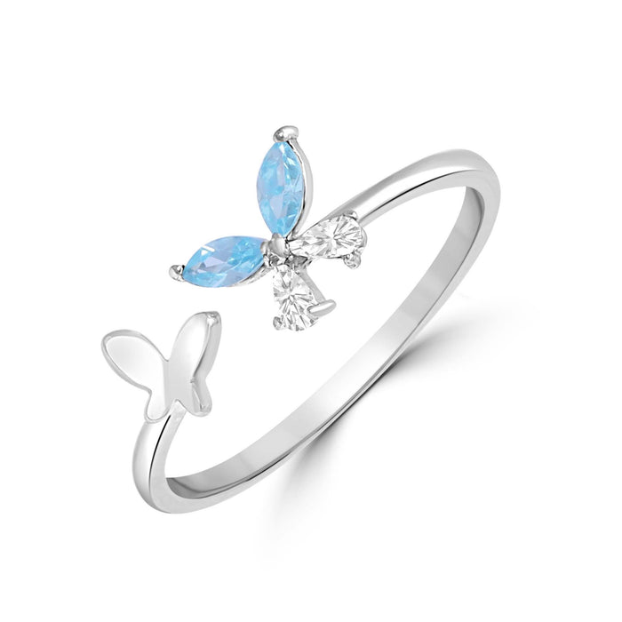 Blue Butterfly CZ Rhodium Plated 925 Silver Womens Ring (Adjustable)
