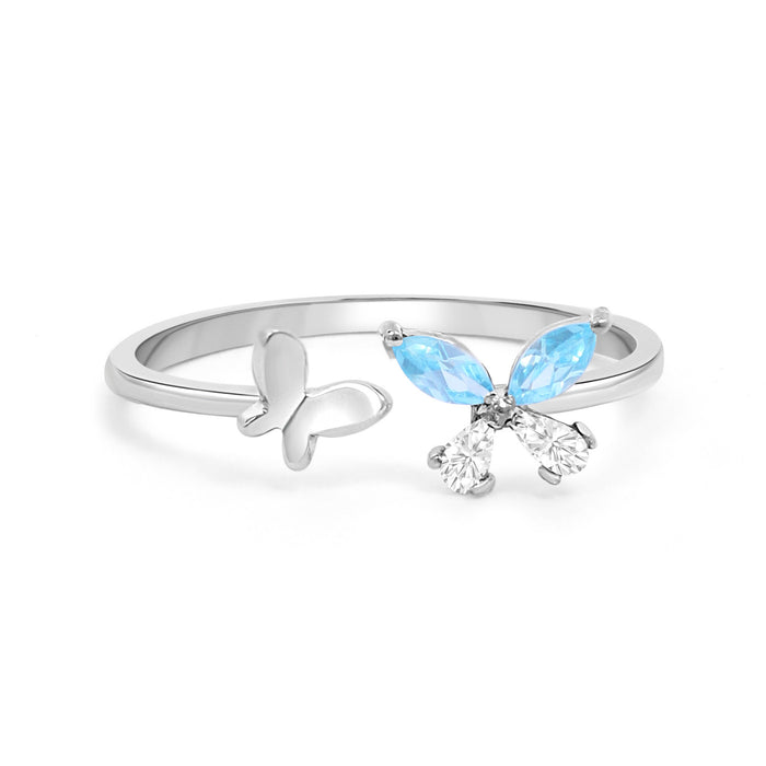 Blue Butterfly CZ Rhodium Plated 925 Silver Womens Ring (Adjustable)