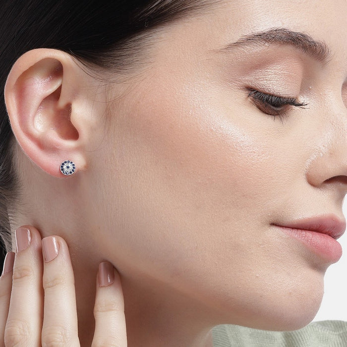 Blue-CZ Studded Rhodium Plated 925 Sterling Silver Earrings