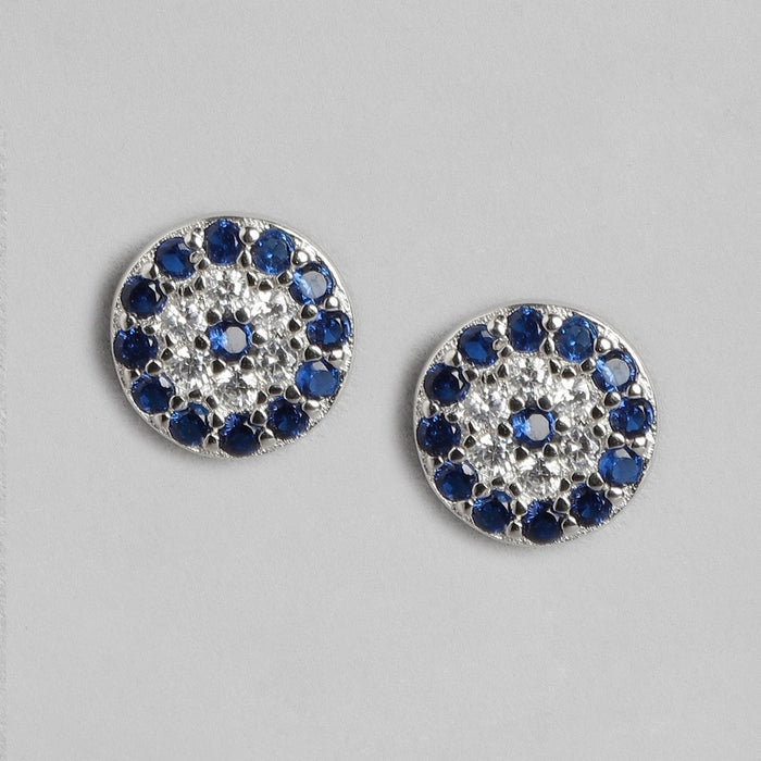 Blue-CZ Studded Rhodium Plated 925 Sterling Silver Earrings