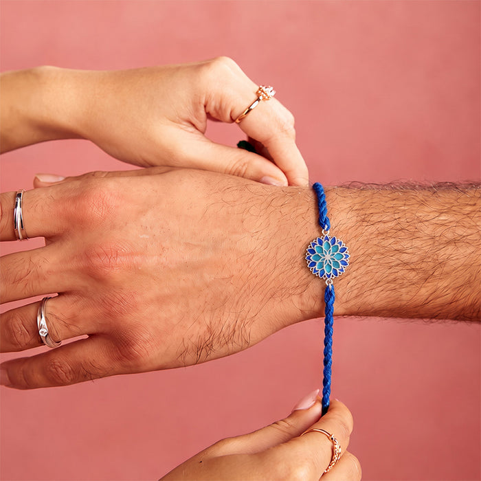 Blue Lotus Mandala 925 Silver Enamel Rakhi Combo