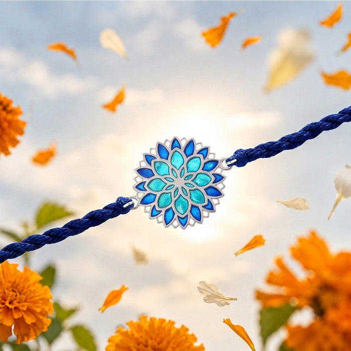 Blue Lotus Mandala 925 Silver Enamel Rakhi (Zavya Signature)