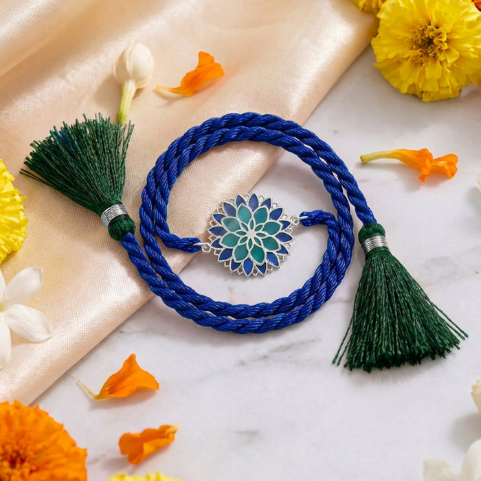 Blue Lotus Mandala 925 Silver Enamel Rakhi (Zavya Signature)