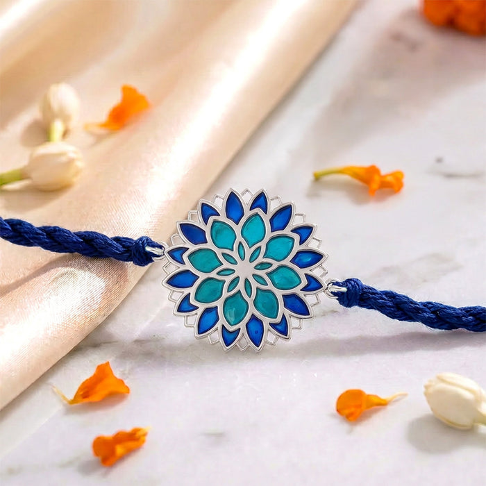 Blue Lotus Mandala 925 Silver Enamel Rakhi (Zavya Signature)