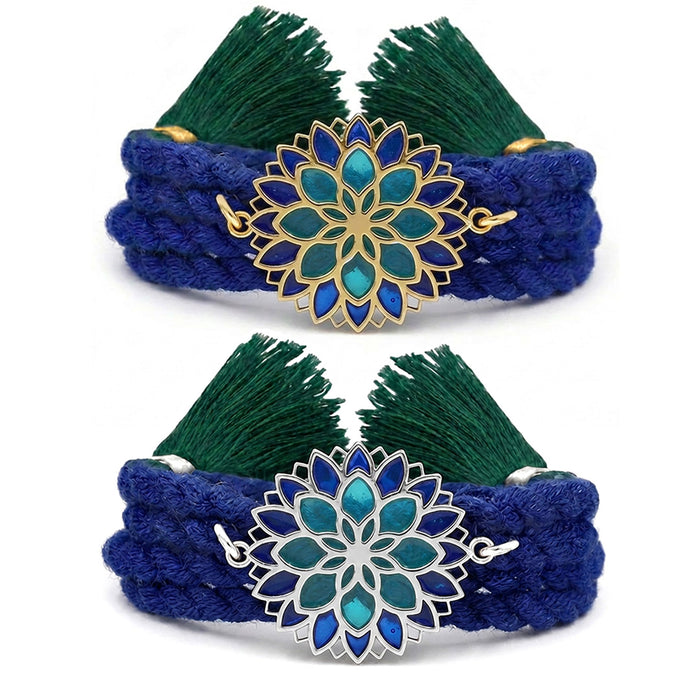 Blue Lotus Mandala Gold and Rhodium Plated 925 Silver Enamel Rakhi Combo