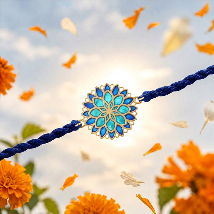 Blue Lotus Mandala Gold Plated Silver Enamel Rakhi (Zavya Signature)