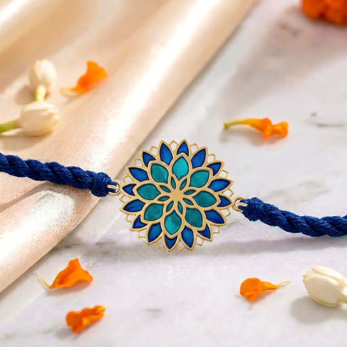 Blue Lotus Mandala Gold Plated Silver Enamel Rakhi (Zavya Signature)