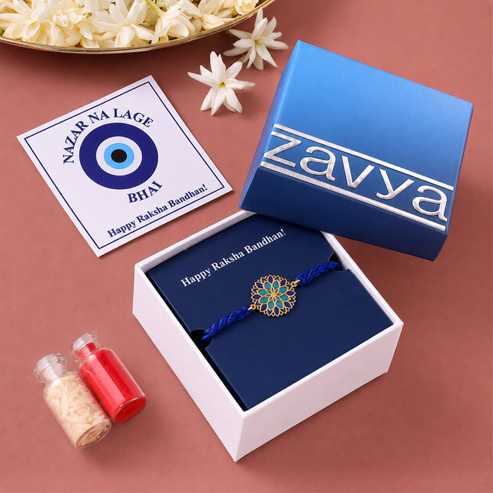 Blue Lotus Mandala Gold Plated Silver Enamel Rakhi (Zavya Signature)