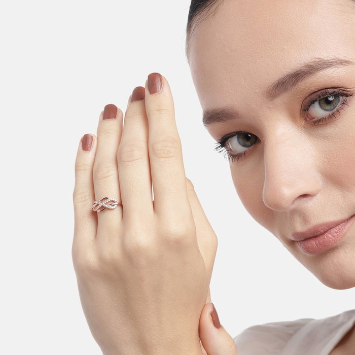 Woman showcasing a 925 Sterling Silver cubic zirconia ring on her hand. Elegant women's jewelry – Zavya