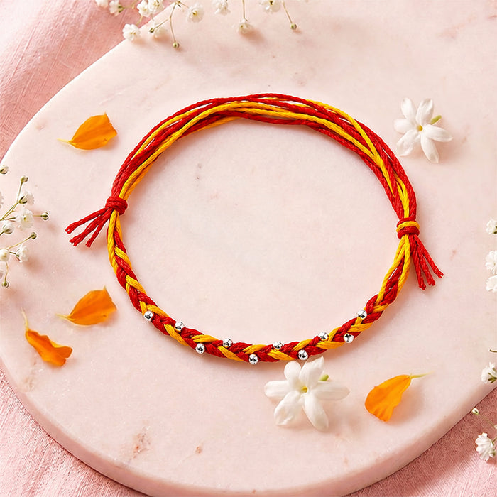 Braided Mauli Cross Silver Bead Rakhi