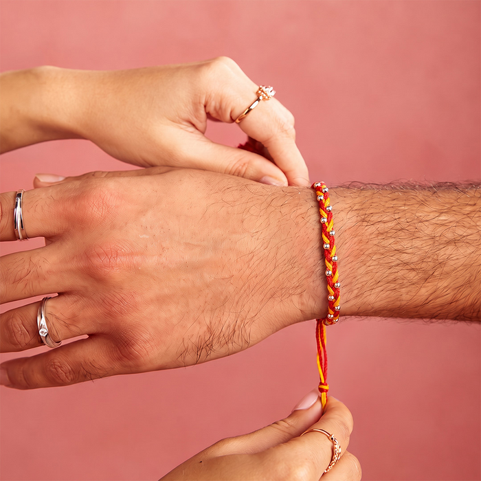 Braided Mauli Cross Silver Bead Rakhi