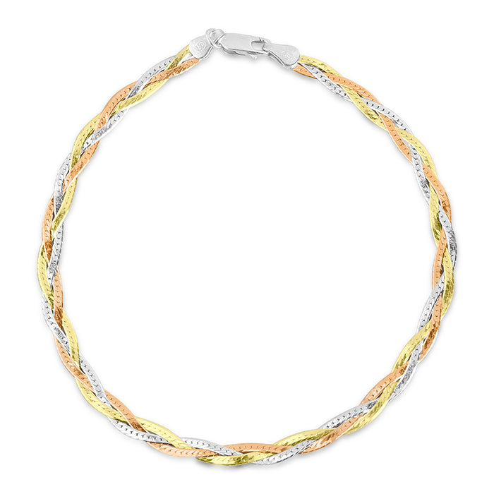 Braided triple tone 925 Sterling Silver anklet for women. Woven silver, gold & rose gold jewellery – Zavya