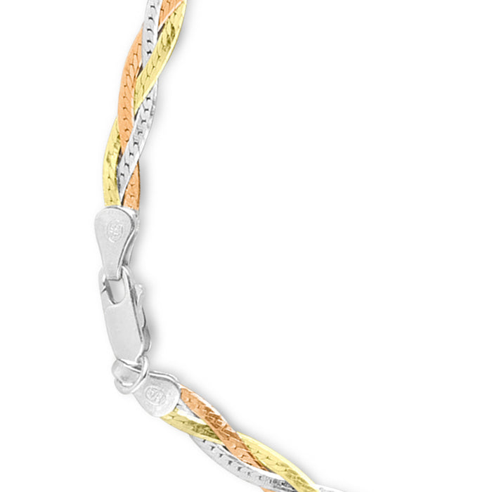 Women's braided triple tone 925 Sterling Silver anklet showing interwoven chains and clasp – Zavya