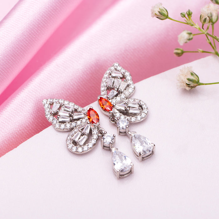 Butterfly Cascade Rhodium-Plated CZ Drop 925 Silver Earrings
