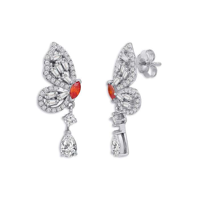 Butterfly Cascade Rhodium-Plated CZ Drop 925 Silver Earrings