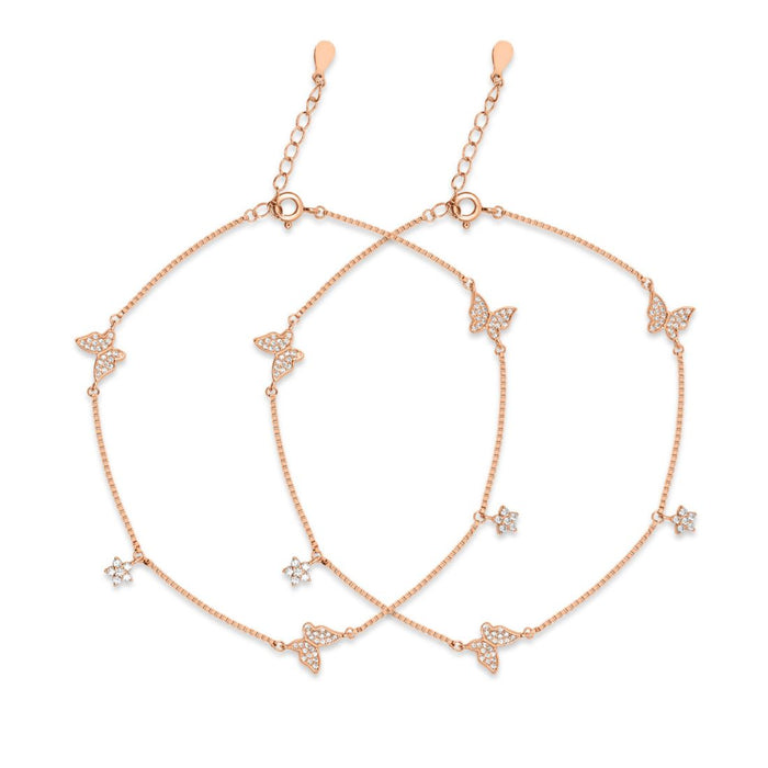 Women's rose gold 925 Sterling Silver anklet featuring delicate CZ butterfly charms on a fine chain – Zavya