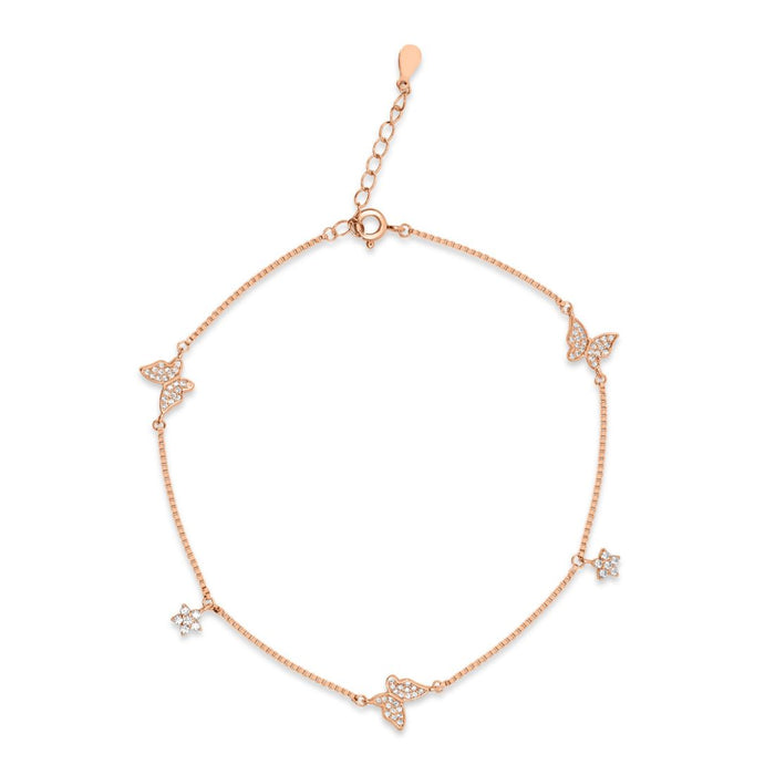 Rose gold plated 925 Sterling Silver anklet for women with CZ butterfly charms on a delicate chain – Zavya