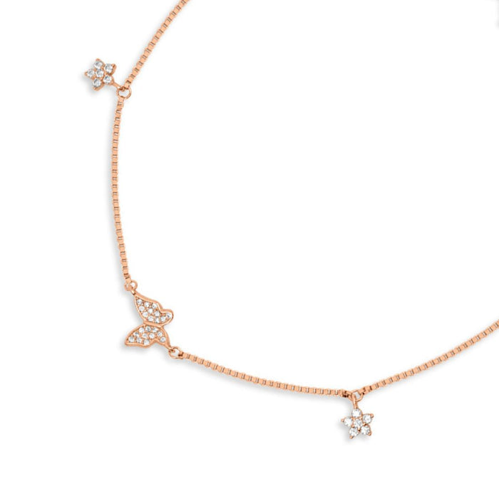 Rose gold 925 Sterling Silver anklet for women featuring sparkling CZ butterfly and flower charms. – Zavya