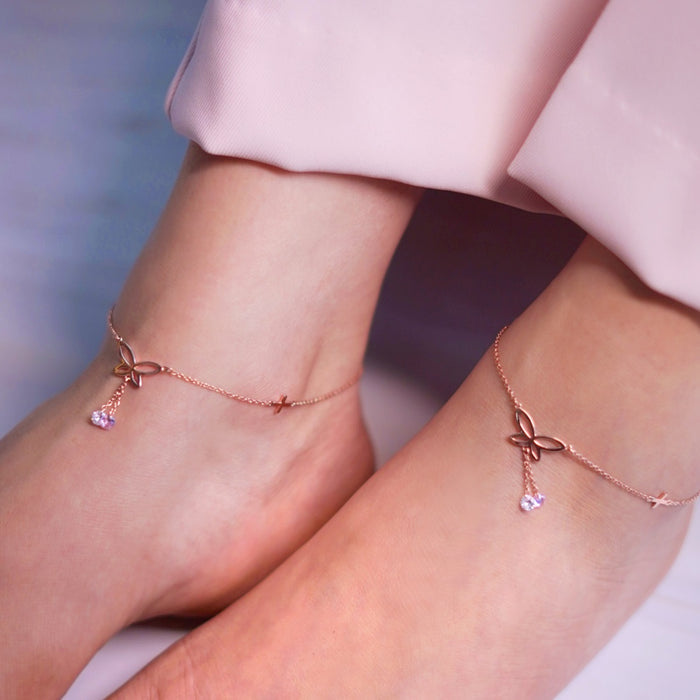 Butterfly Rose Gold Plated 925 Silver Charm Anklet