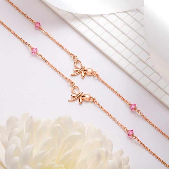 Butterfly Rose-Gold Plated CZ 925 Sterling Silver Chained Anklet
