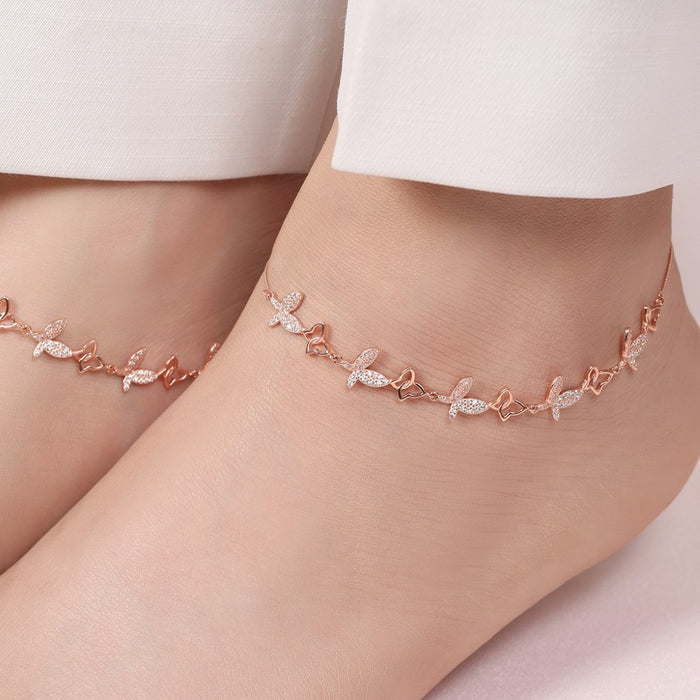 Butterfly Rose Gold Plated Embraced 925 Silver Anklet (Adjustable)