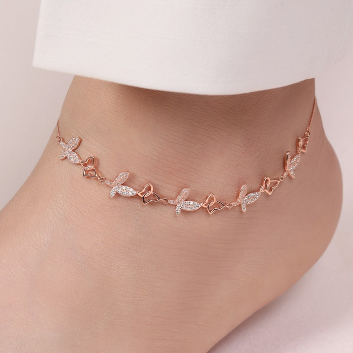 Butterfly Rose Gold Plated Embraced 925 Silver Anklet (Adjustable)