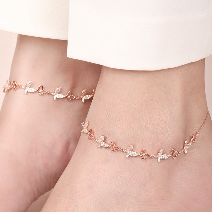 Butterfly Rose Gold Plated Embraced 925 Silver Anklet (Adjustable)