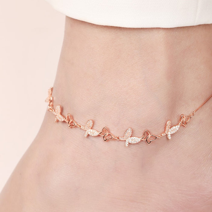 Butterfly Rose Gold Plated Embraced 925 Silver Anklet (Adjustable)