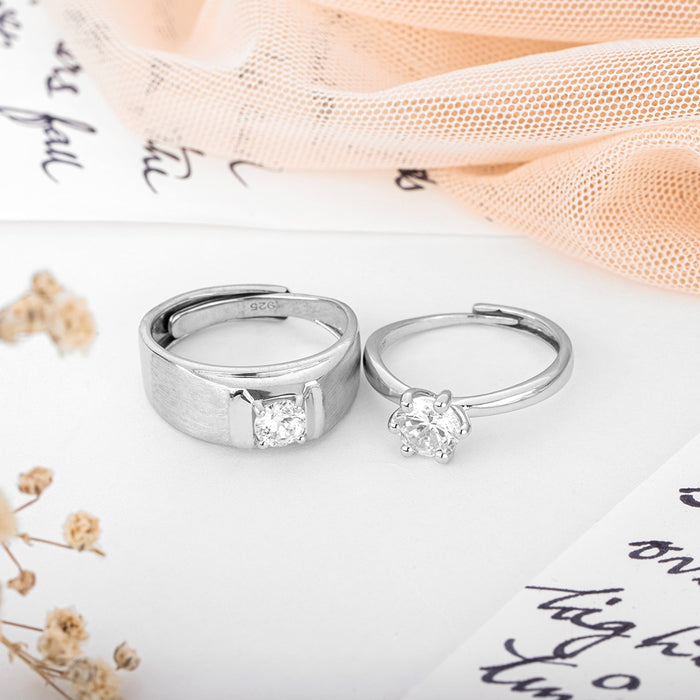 Celestial Bond Rhodium-Plated 925 Sterling Silver Couple Ring (Adjustable)