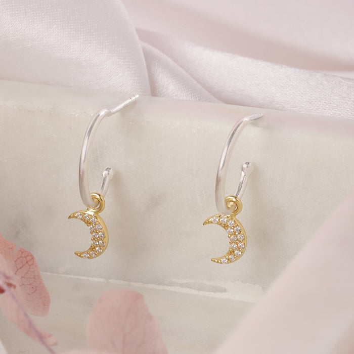 Celestial Moon Dual Tone CZ 925 Sterling Silver Half Hoops Earrings