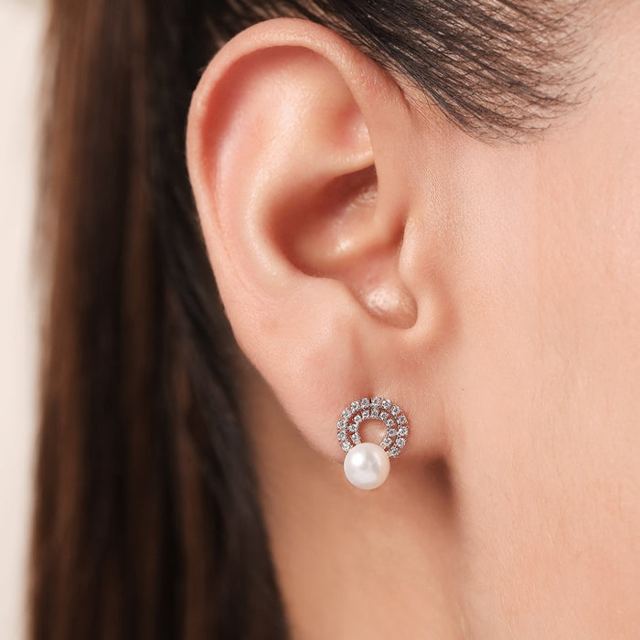 Celestial Pearl Elegance Rhodium-Plated 925 Sterling Silver Circle Earrings